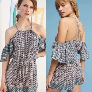 Anthropologie Elevenses Blue Printed Cold Shoulder Ruffle Madelenna Romper XS